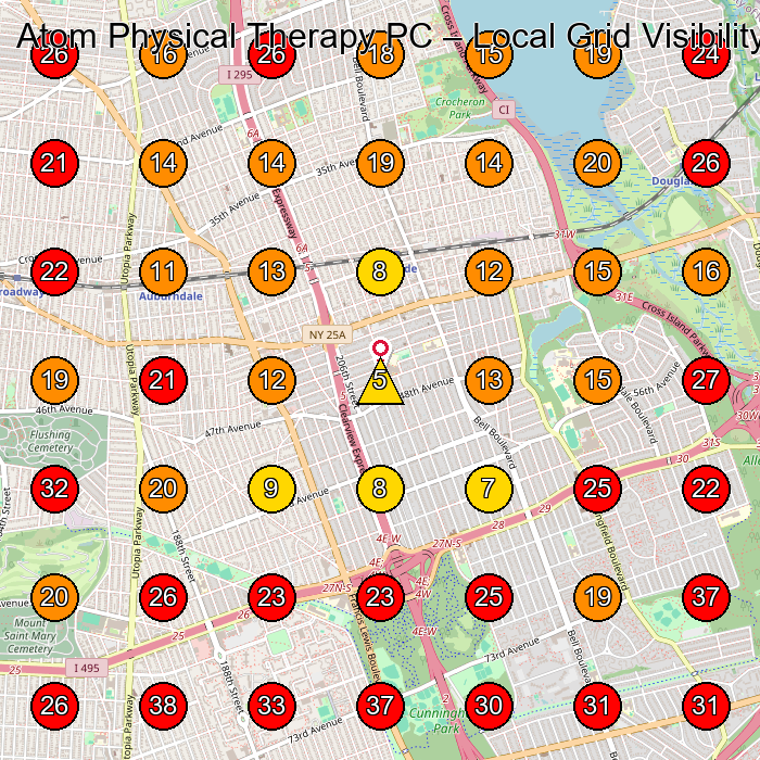 Atom Physical Therapy PC GeoGrid visibility map for Physical Therapy Clinic in Bayside